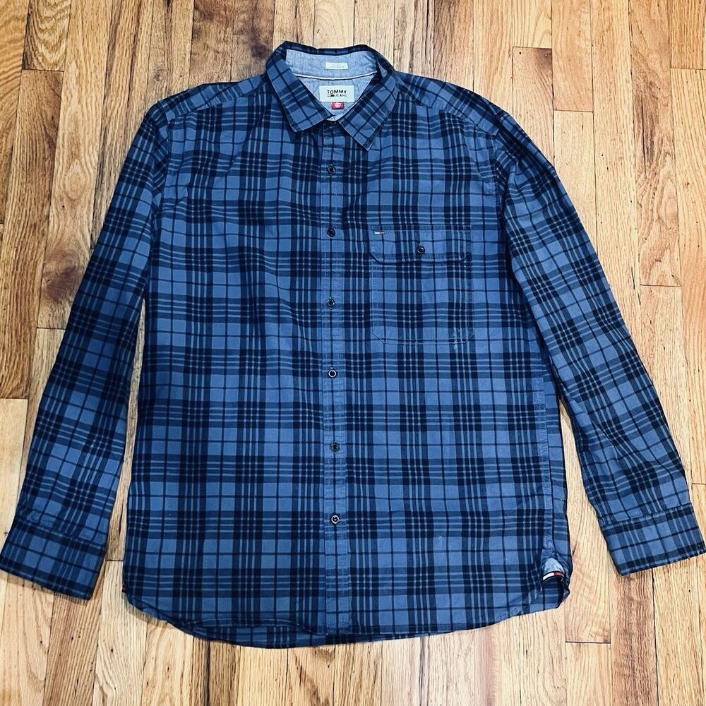 Men’s Tommy Jeans 1985 Slim Fit Plaid Long Sleeve Shirt Blue Black XL